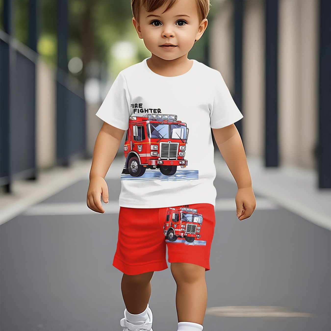Summer Short-sleeved Set For Boys, Featuring Trendy And Fashionable Cartoon Fire Engine Pattern Print, A Trendy And Comfortable Short-sleeved Set, For Outdoor