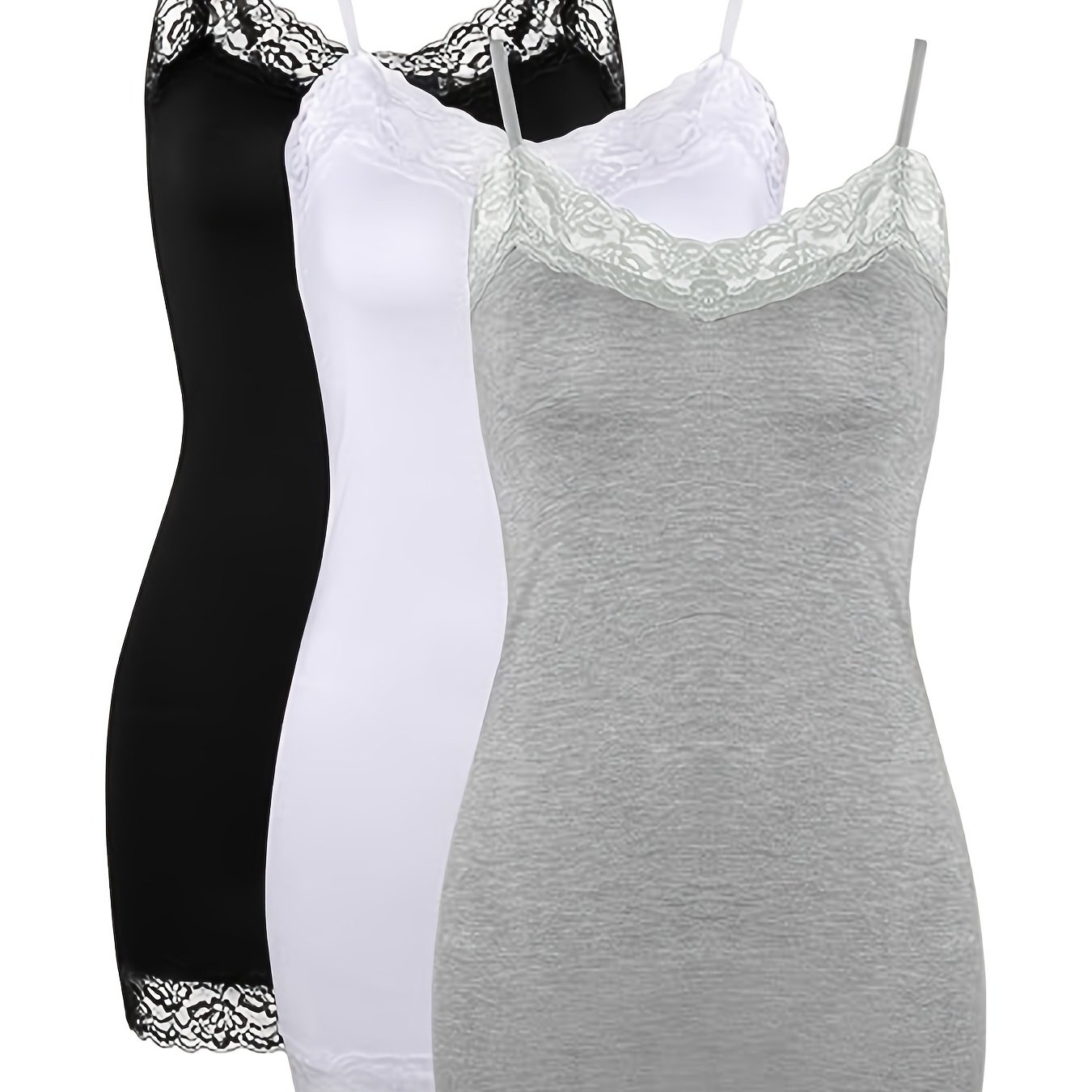 Image of 3pcs Women's Long Camisole With Lace Trim Neckline And Hem, Adjustable Thin Straps, Midi Lace Trim Camisole Dress