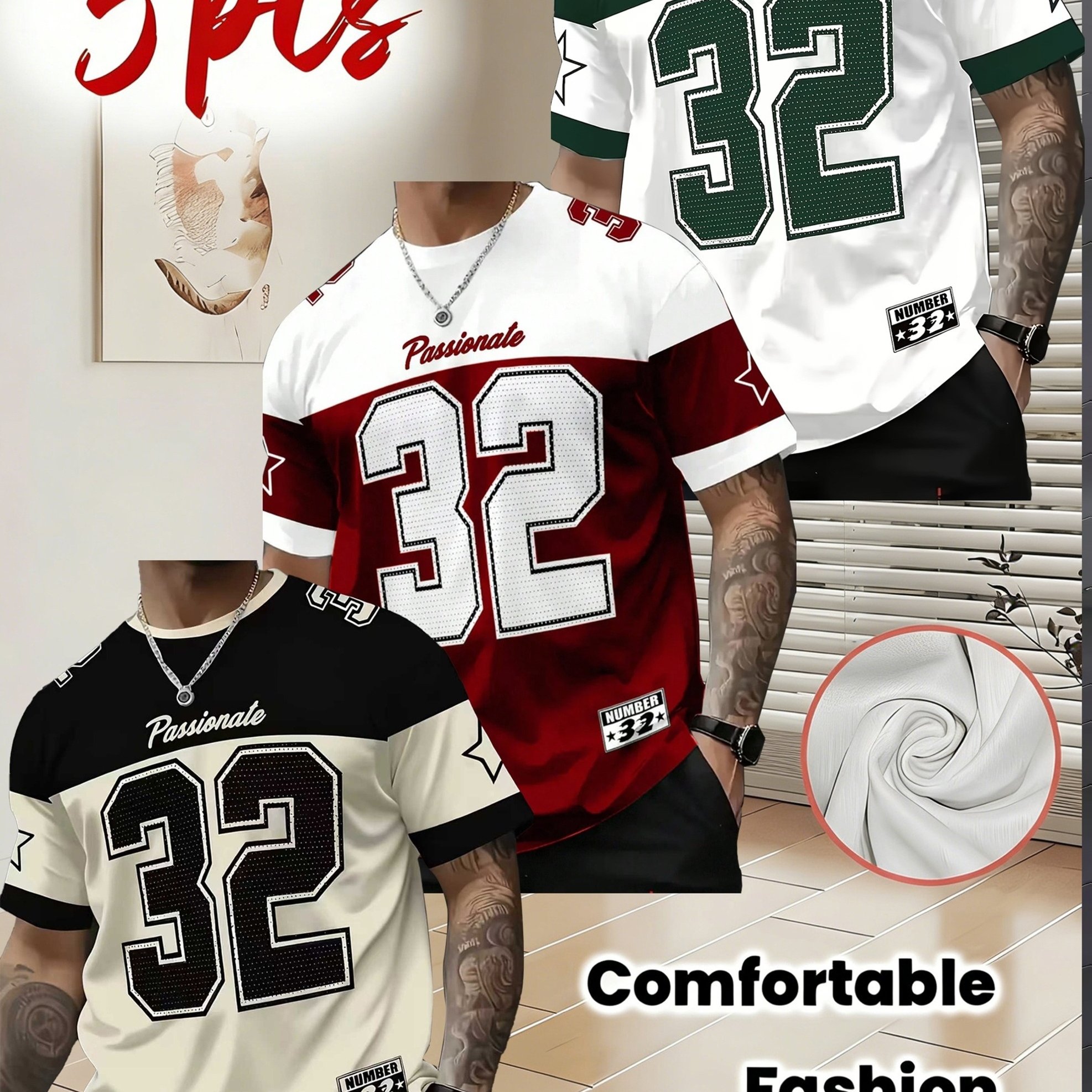 TEMU [printed Design - Non-textured] 3pcs Men's New Style T-shirt Set - Quick-dry Round Neck Shirts, Black With Number 32 Design - Breathable