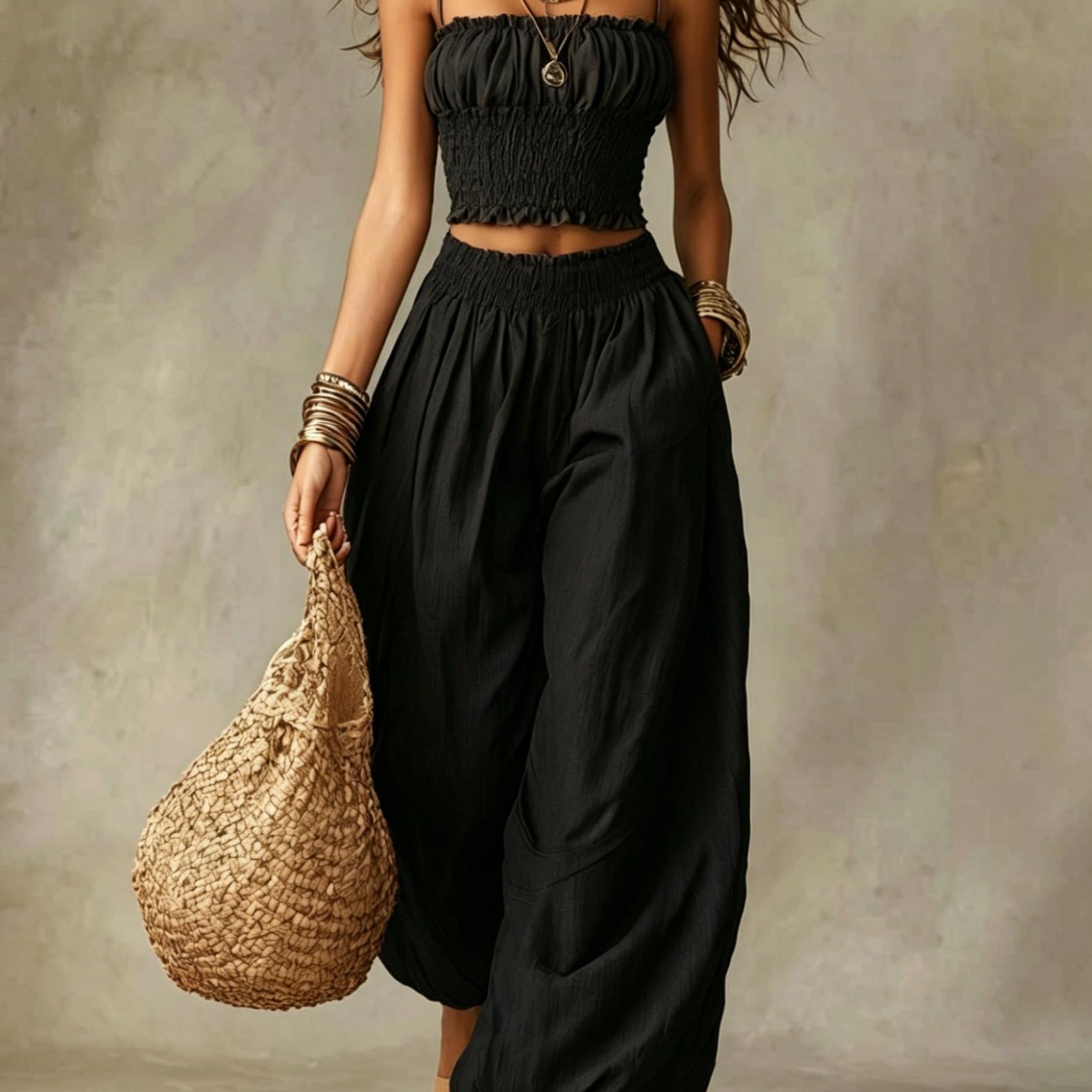 TEMU Elegant Bustier Short Cami And Lantern Pants Set, Vacation Casual Two-piece Outfit, Women's Style