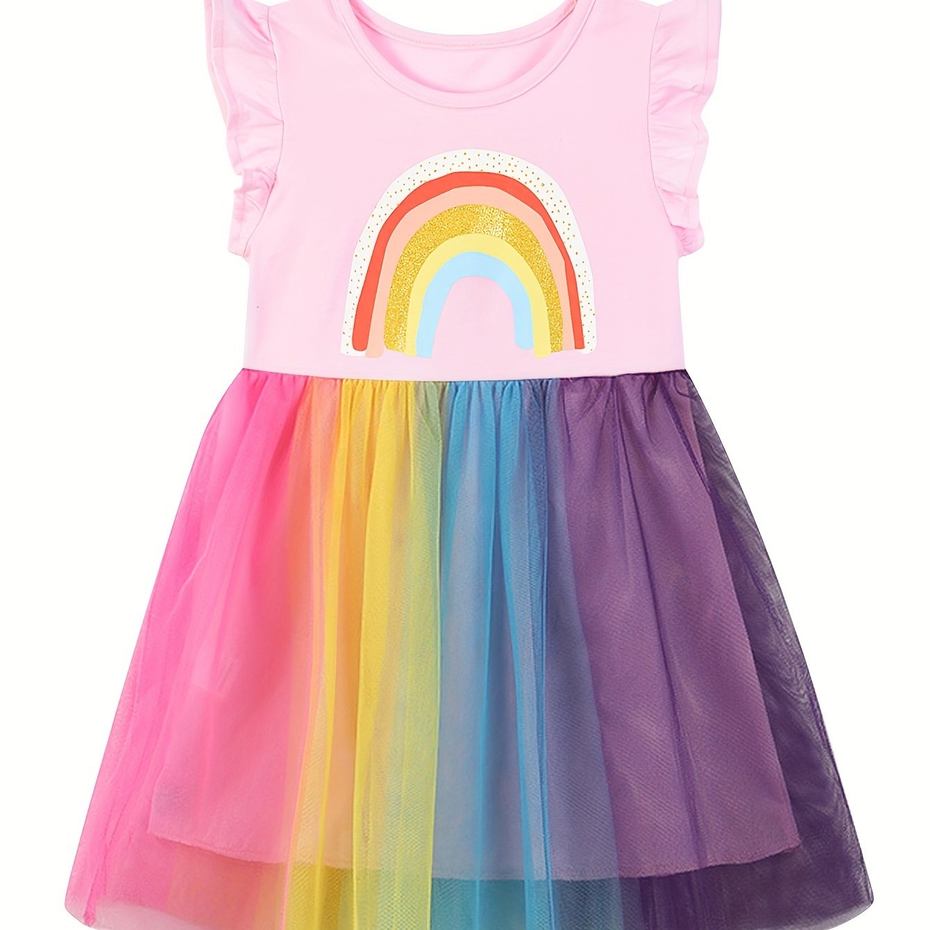 Image of Girls' Short-sleeved Dress With Rainbow Pattern Random Splicing Round Neck Flying Sleeve Comfortable Casual Summer Dress 2-8y