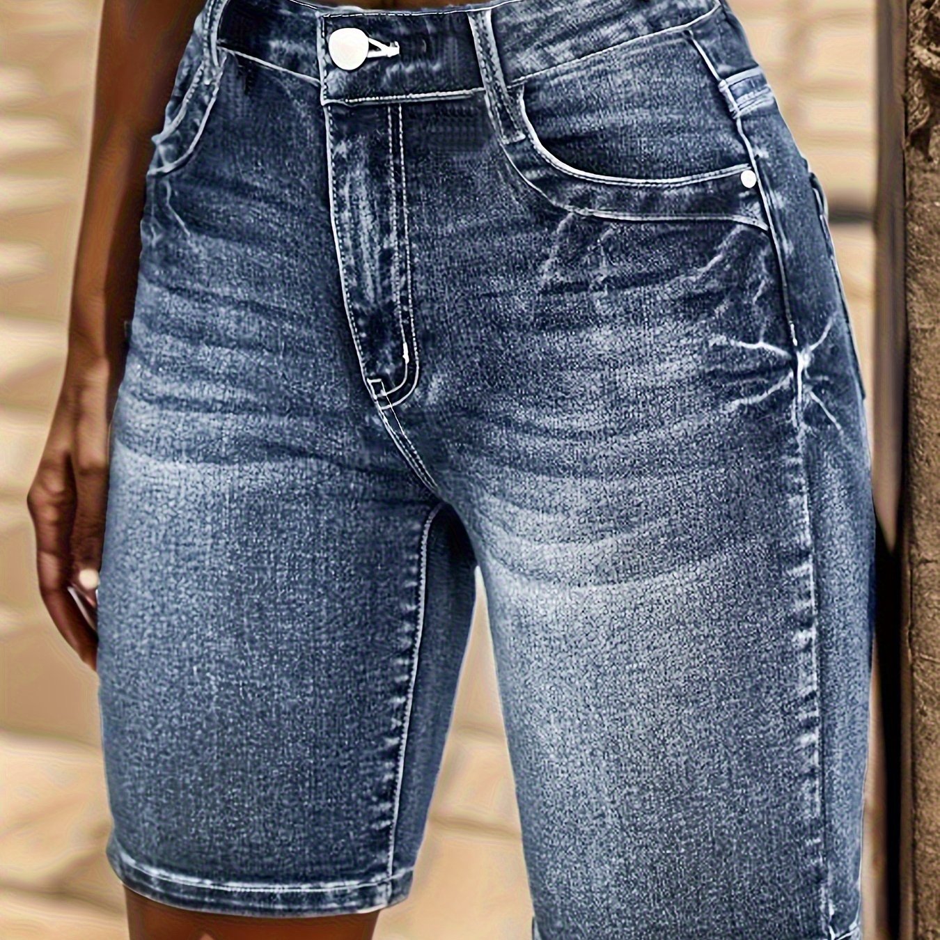 TEMU Ladies' Stretch Denim Shorts With Embroidered - Casual And Elegant Mid-thigh Length, Washed Blue, Slanted Pockets, Comfortable And Fitting For Spring And Summer.