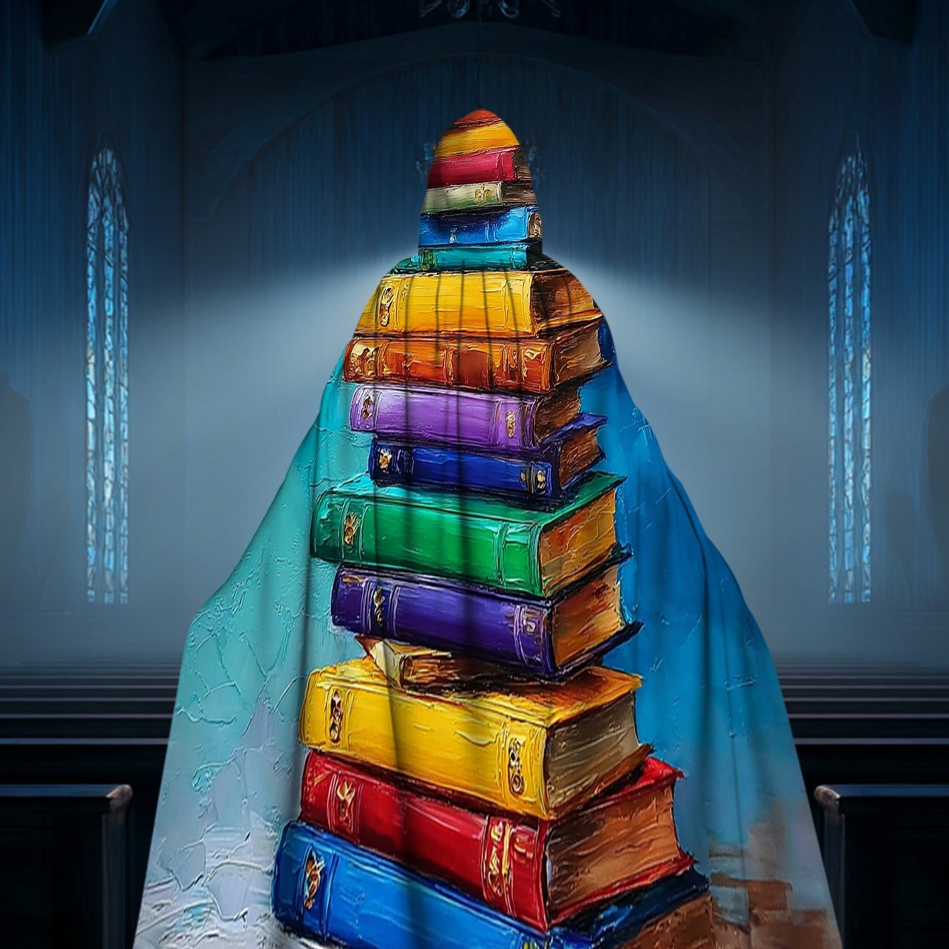 TEMU 1pc A 2d Flat-printed Hooded For Cape Featuring Vibrant Stacked Books, Made From 100%, Music Festivals, Camping, Themed Parties, And Halloween