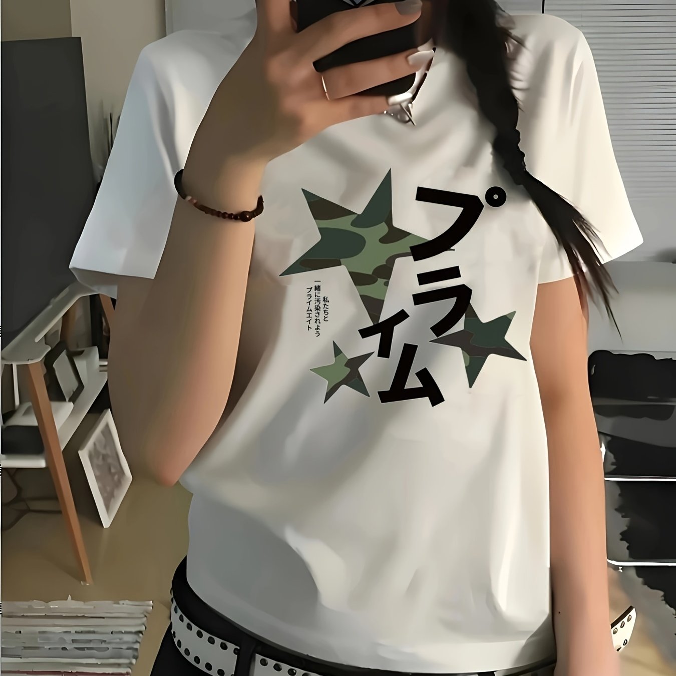 TEMU 스타 프린트 반팔 티셔츠, 캐주얼 반팔 - 원단으로 제작되어 여름에 완벽한 선택입니다. 편안한 여성 패션 - 부드럽고 통기성이 좋으며 일상적인 캐주얼 웨어에 이상적입니다.
