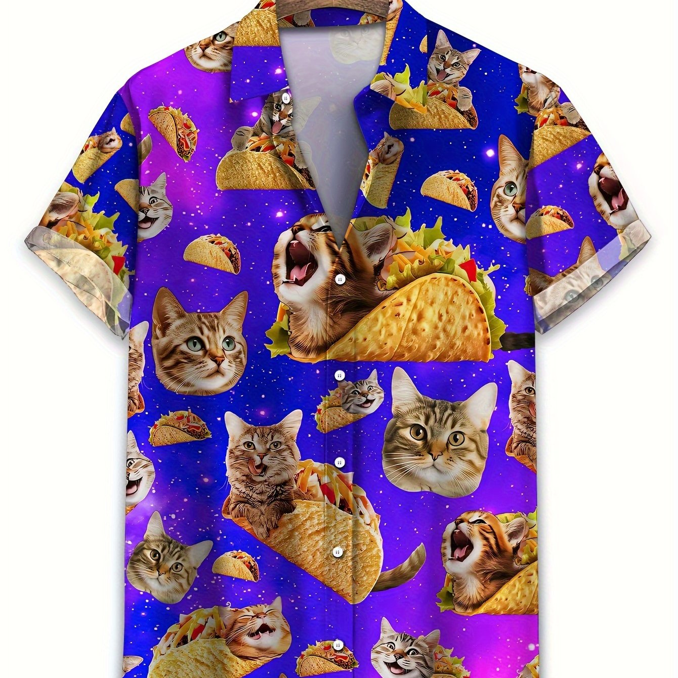 Image of Men's Casual Cat Print Hawaiian Shirt, 100% Polyester Short Sleeve Button- With Lapel Collar, Regular Fit Summer Top For Weekend Casual Wear, Novelty Shirt | Quirky Fashion Top | Glossy Finish