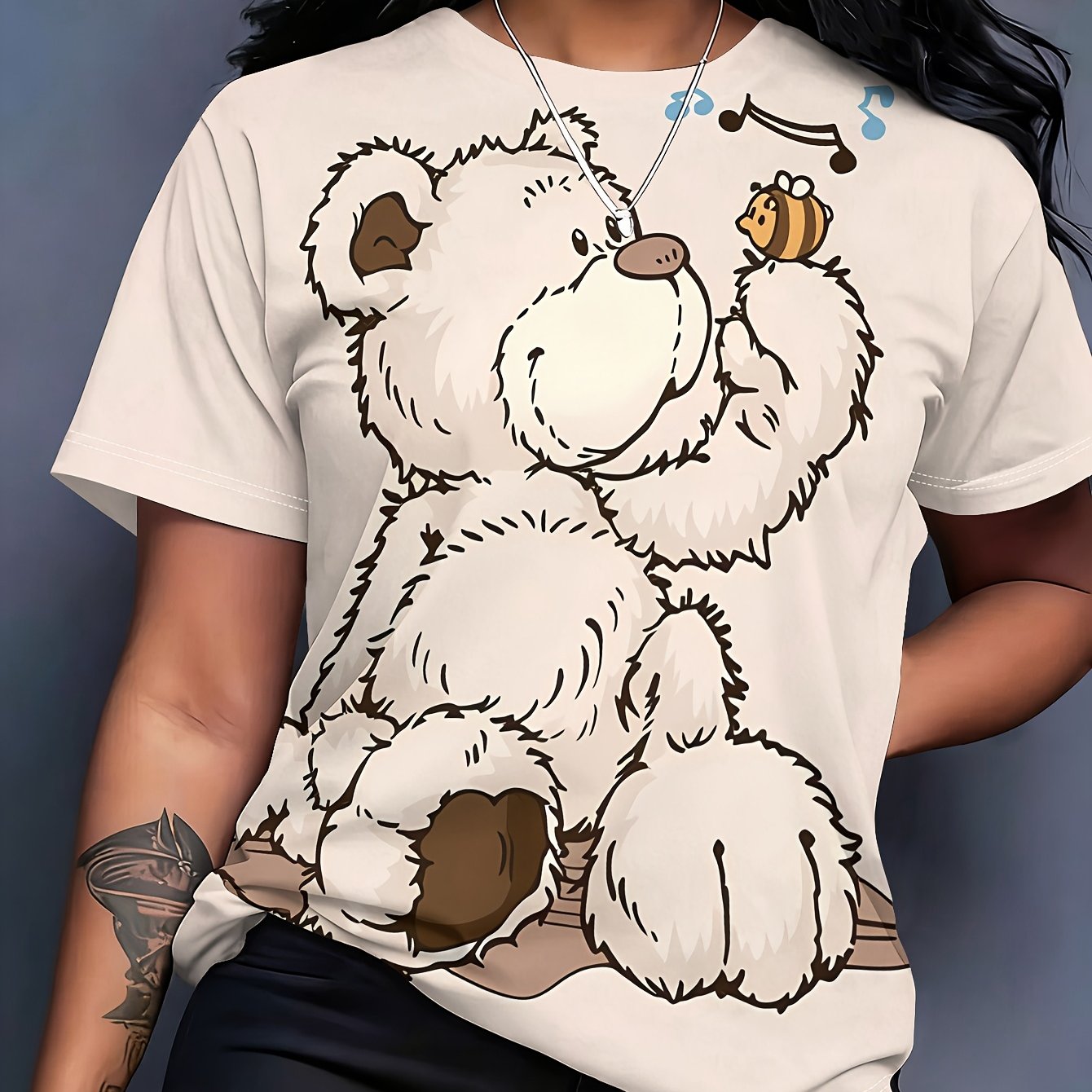 TEMU Summer New Women's Short Sleeve T-shirt, White Plush Bear Sitting, Raising Hand To Bee, Notes Floating - Fiber, Machine Washable Women's Printed
