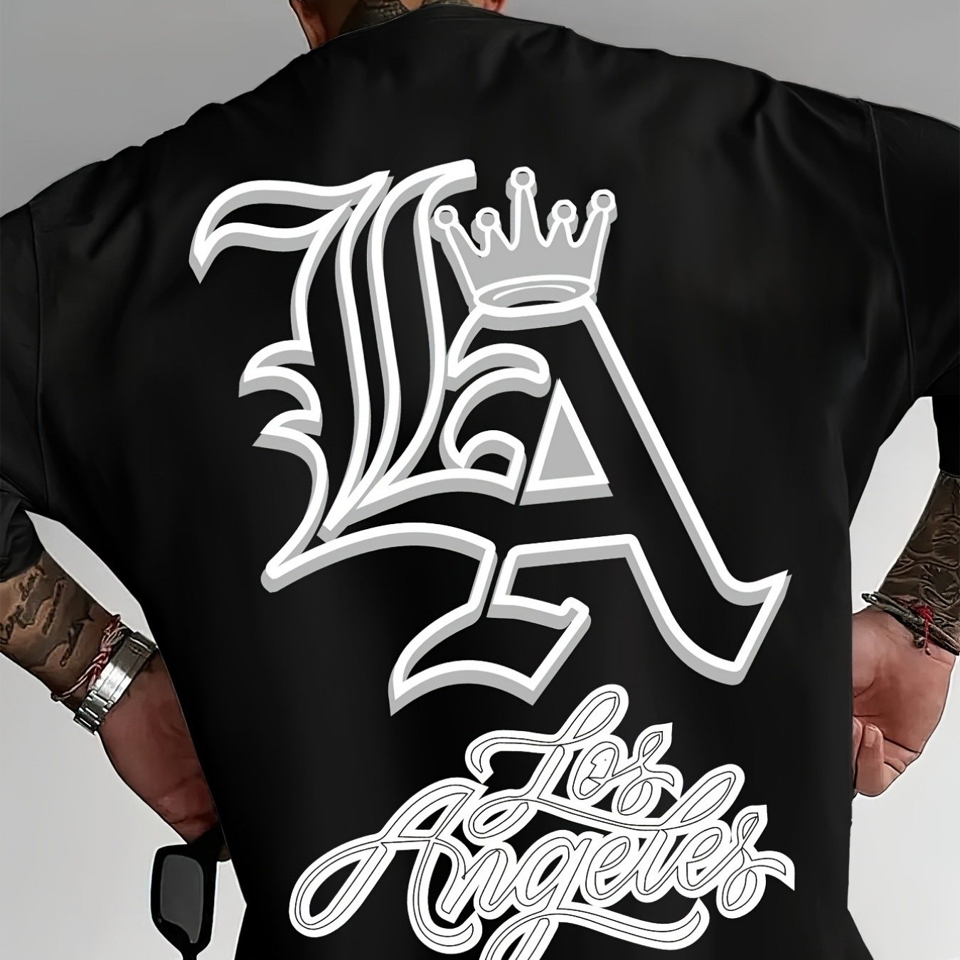 Men's Los Angeles Graphic T-shirt With Crown & La Logo Print - Plus Size Short Sleeve Casual , Relaxed Fit For Summer & Wear - Comfortable Urban Style Top For Everyday & Formal Outfits Plus Size