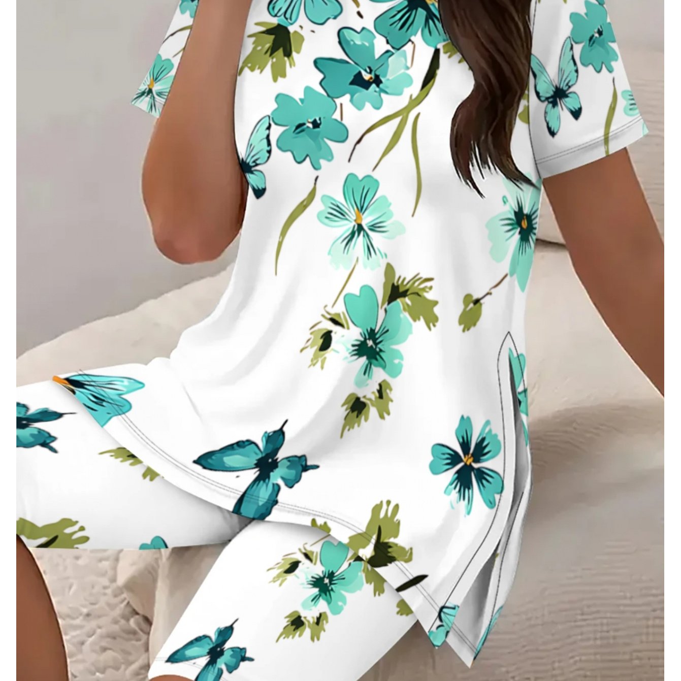 TEMU Plus Size - Plus Size - Women's Plus Size Fresh Mint Green Floral Casual Set, Loose Short Sleeve Top And Matching Shorts Two-piece Set