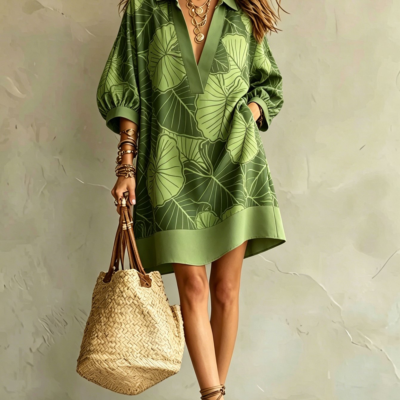 Image of Women's Dress Summer Plant Print Lapel V-neck Lantern Sleeve Loose Straight Version Breathable Comfortable Covering Flesh And Slim Fit Suitable For Beach Vacation Daily Shopping Casual Gatherings