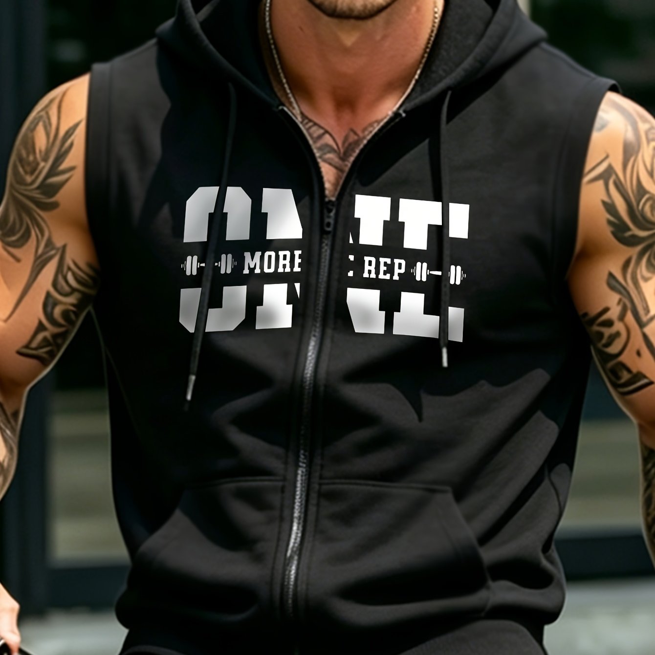 TEMU Men's Streetwear Sleeveless Zip-up Hooded Casual Sports Vest, Sleeveless Design With Fitness-inspired Motivational Slogan Print, Sporty Style