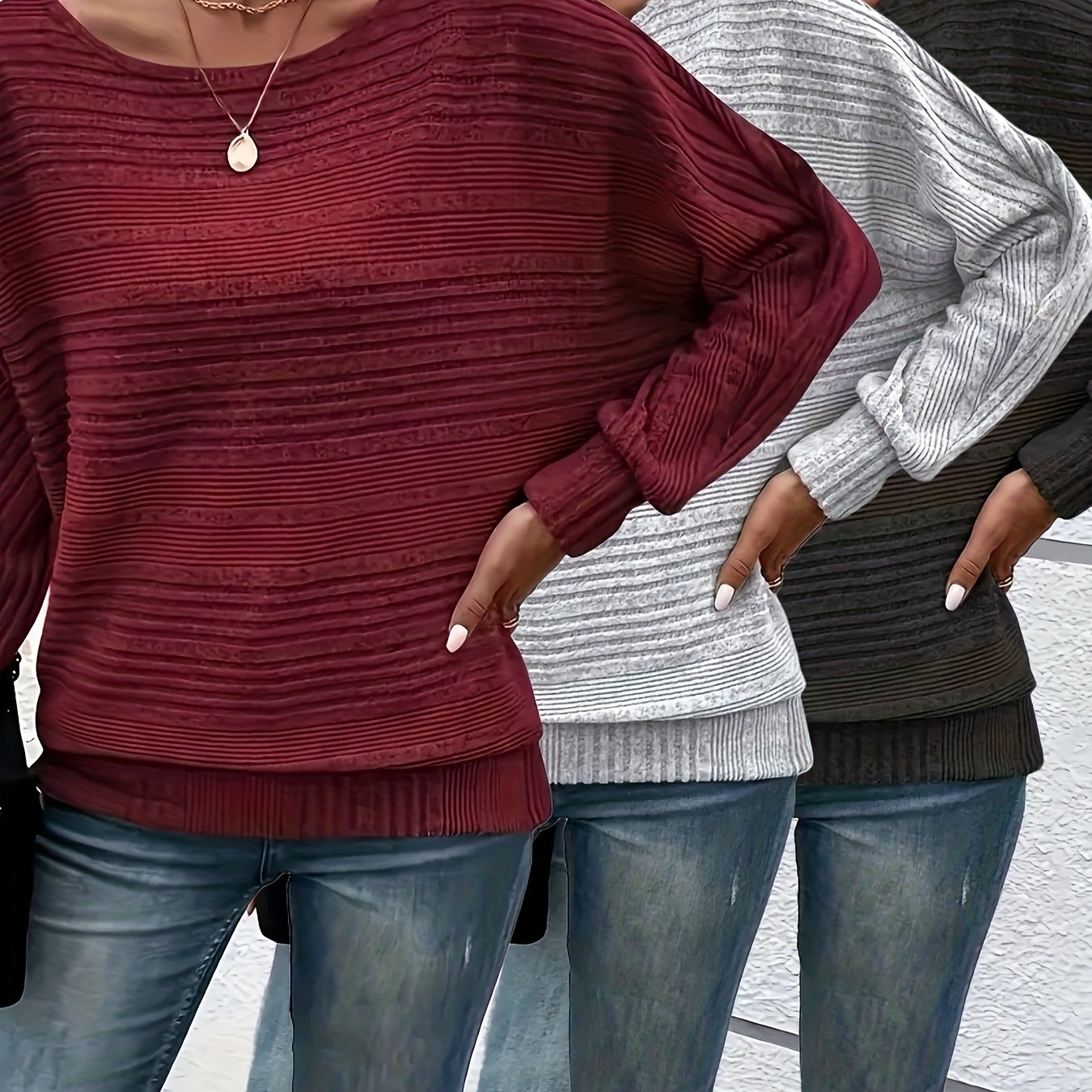 Image of Women'-piece Set Solid Color Long Sleeve Top, Batwing Sleeve Loose Ribbed Sweater, Lazy Style Sweater For Spring And Autumn, Versatile Casual Fashion Top