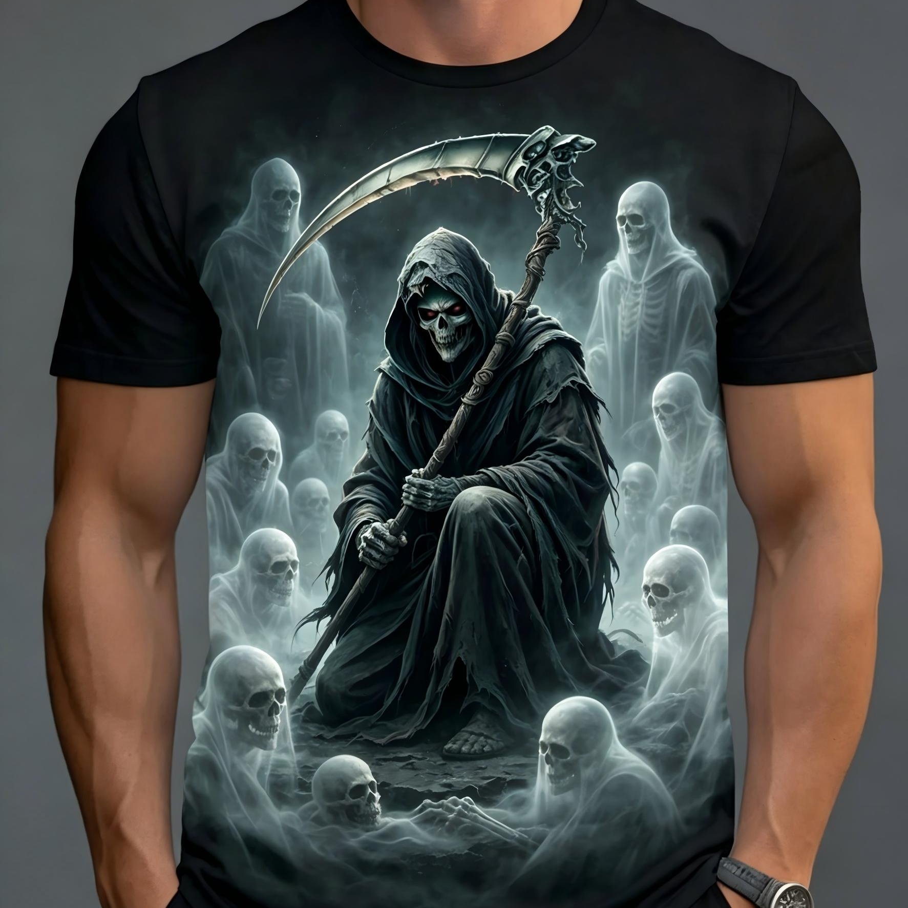 TEMU Men's Plus Size Short Sleeve T-shirt, Legion Reaper Print, Gothic Dark Horror Style Short Sleeve, Crew Neck Casual Goth / Horror Enthusiast