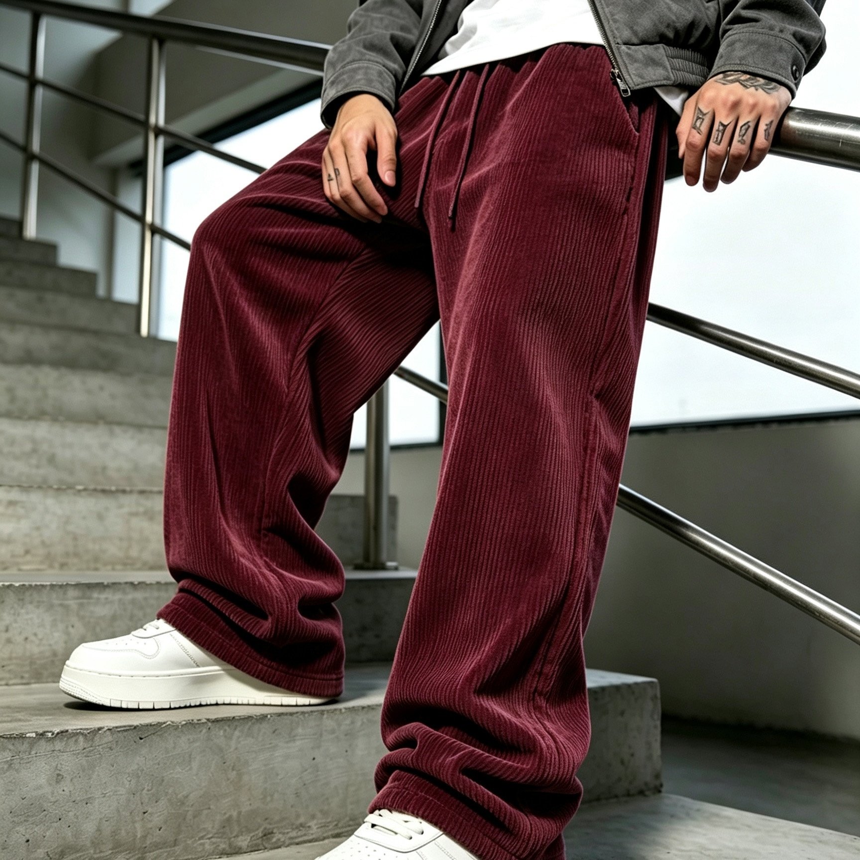 TEMU BOWZ Pantalon Long Homme, Pantalon Large en Velours Vintage, Cordon de Serrage Taille Élastique Pas de Taille , Pantalon Jambe Droite Homme avec