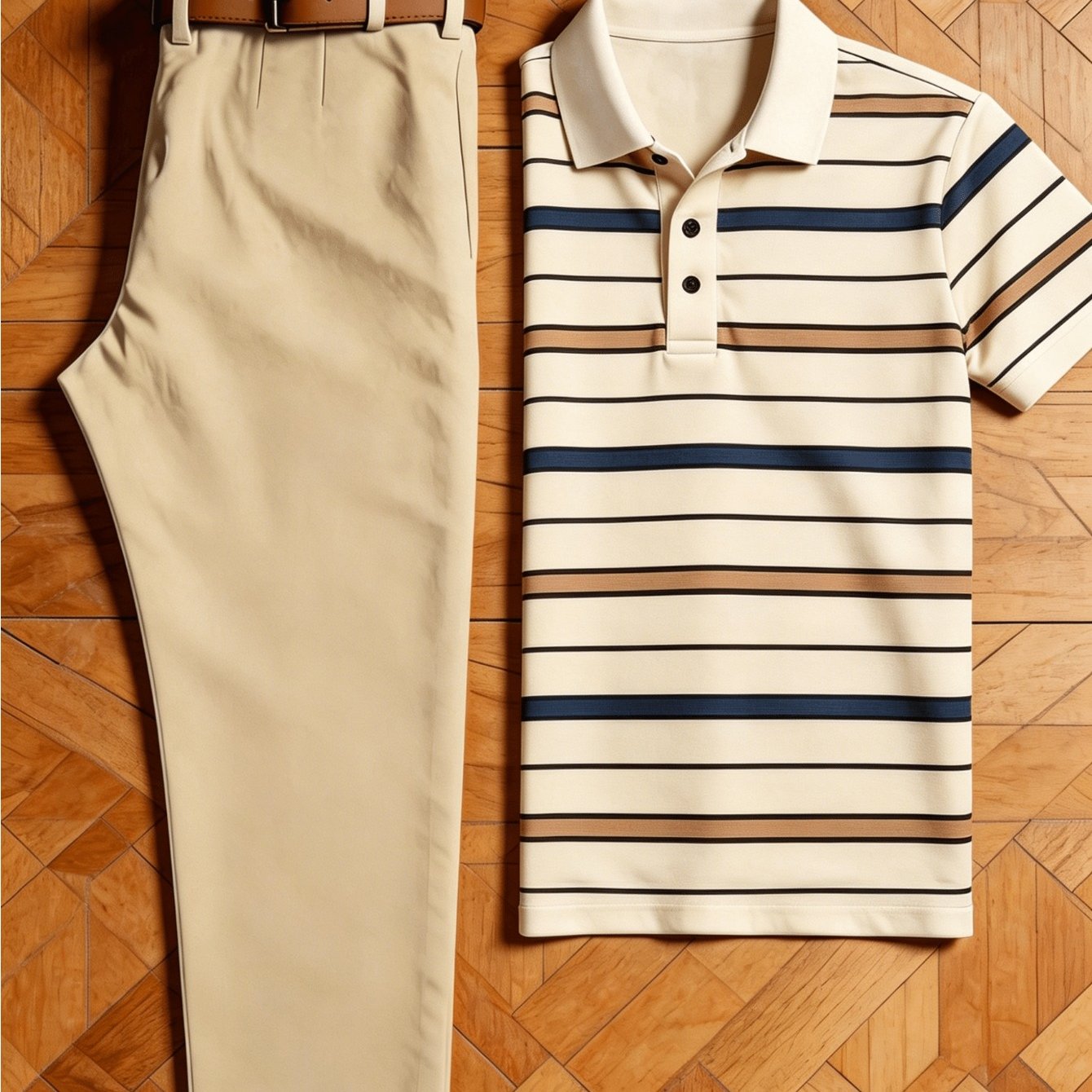 Image of Men's 2pcs Outfit Set, Multi-tone Horizontal Stripe Print Lapel Shirt + Solid Cream Straight Leg Dress Pants, Casual Wear 2pcs Suit, Summer Breathable Gentleman Matching Outfits For Vacation