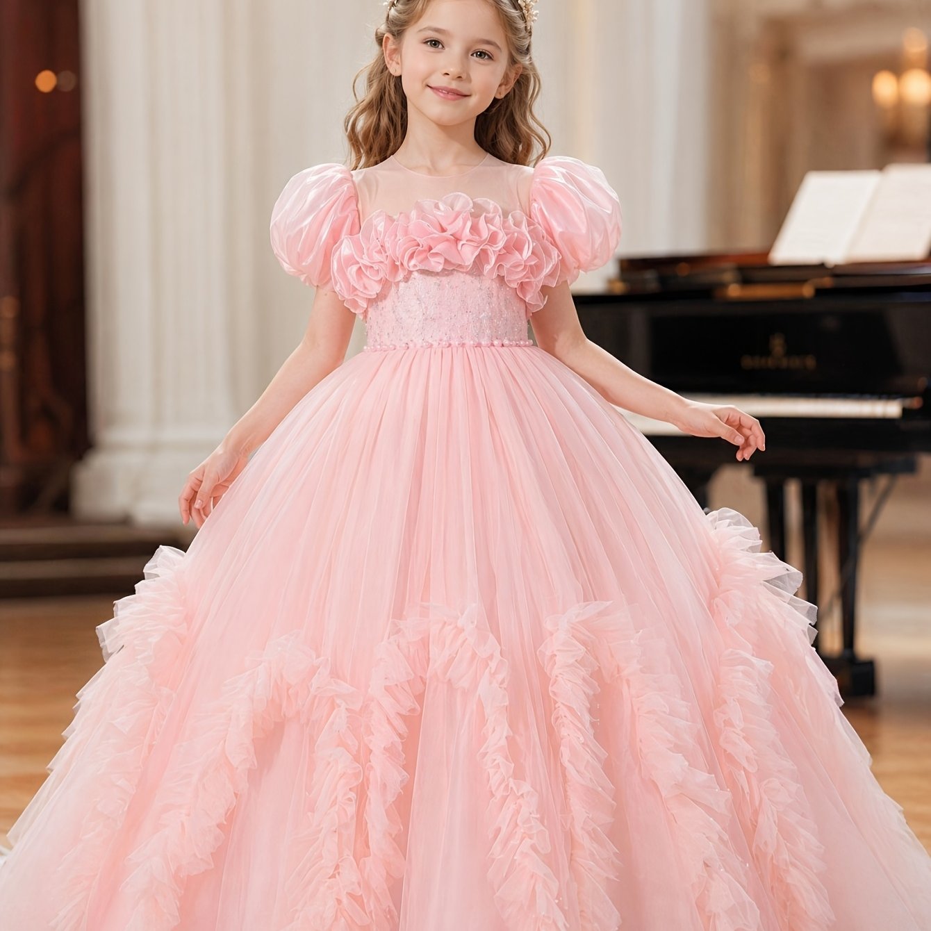 Image of Girls' Dress 3d Floral Dress Tulle Layered Skirt Floral Wedding Dress Girl Clothing Birthday Party Princess Dress