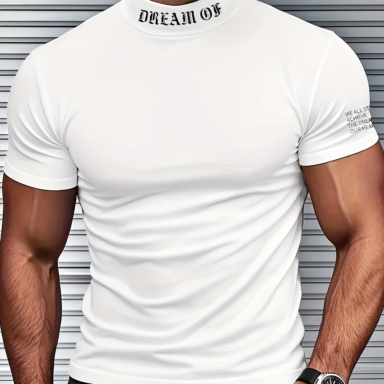 TEMU Men's Mock Neck English Print Short-sleeved T-shirt, Breathable, Comfortable, Knitted Fabric, Suitable For Cycling, Outdoor Sports, Gym, Casual