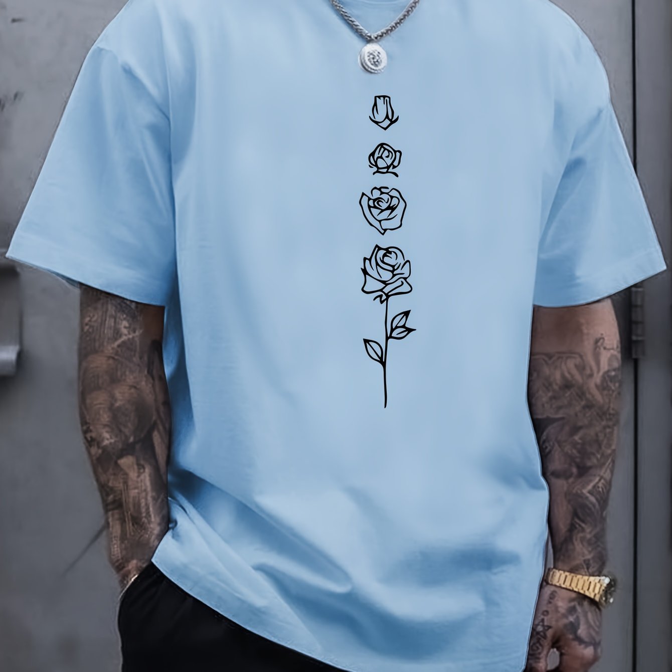 TEMU Rose Print Ports And , Sports Outdoor Clothing, Men's Sports Outdoor Clothing, Men's Sports Casual Shirts And Shirts, T-shirts