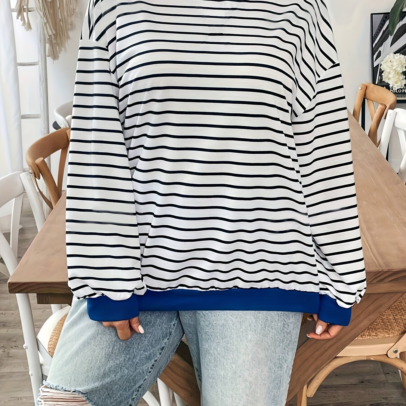 TEMU Women's Plus Size Fashion Striped Sweatshirt, Casual Round Neck, Stretch Polyester, Knit Pullover, , No Detail, Black And