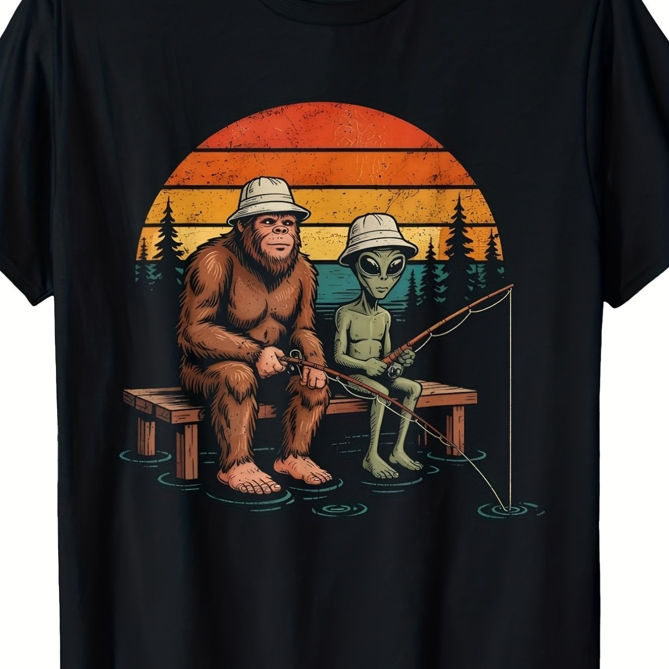 TEMU Funny Fishing T-shirt For Men And Boys, Sasquatch And Graphic With Pine Tree Lake Design, Casual Outdoor Camping Shirt, Cryptozoology Novelty