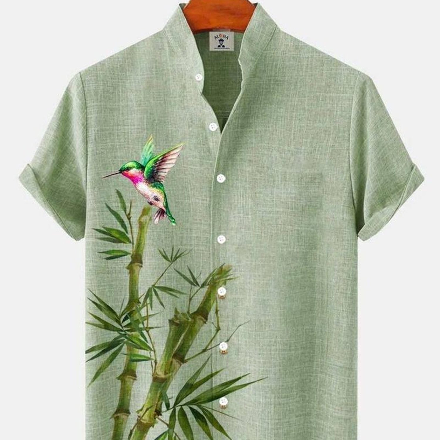 Image of Men's Short-sleeved Shirt, Collar, Hummingbird & Bamboo Rayon Pattern, Mixed Color, Multiple Specifications , Polyester Material, Casual Daily Wear, Fresh Elegant Style, Light Green Shirt On
