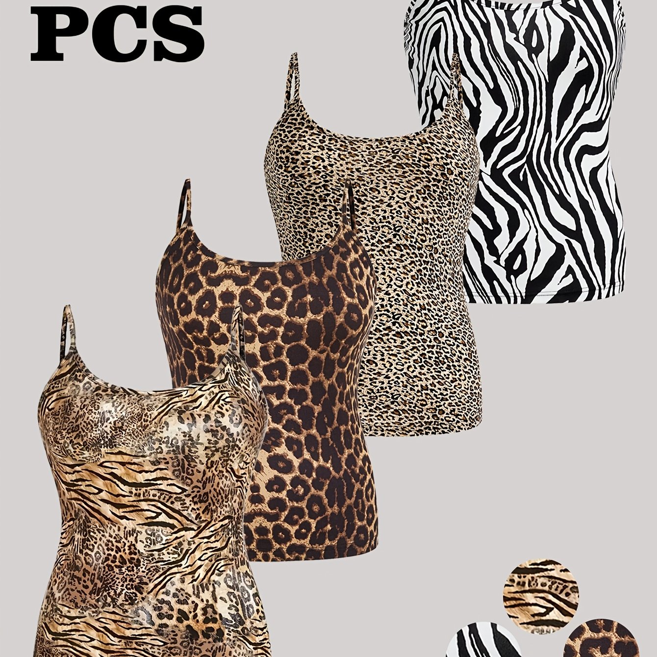 TEMU Plus Size - 4pcs Set Women's Fashion Leopard Print Adjustable Strap Slip Backless Tops | Crew Neck, Medium Stretch Fabric, Ideal For