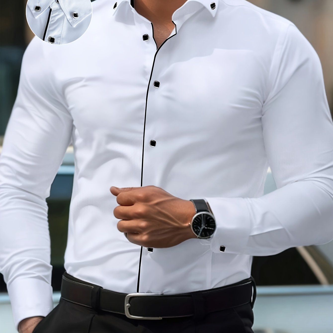TEMU Back-to- 1pc, Men's Adult Woven Fitted Smooth Solid Color Shirt, With Contrast Trim Retro Literary Autumn Winter Inner Layer Slim Fit Gathering,