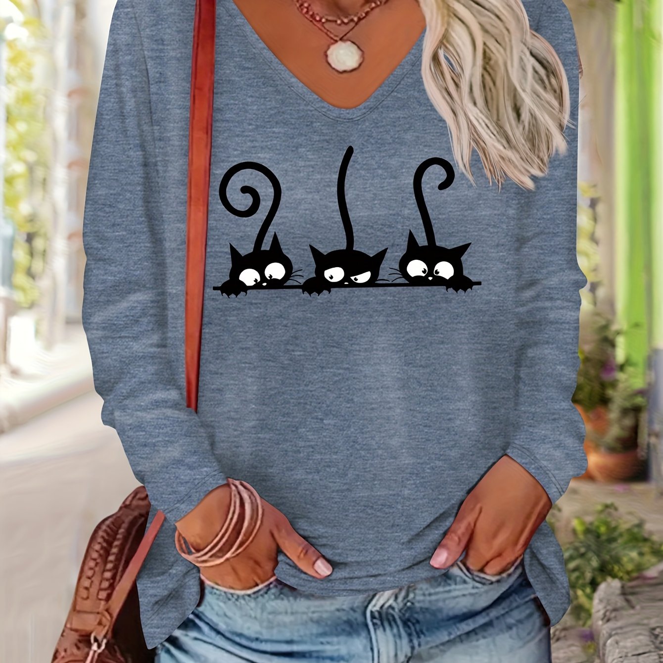 TEMU Women's Autumn/winter Daily Versatile Fashionable And Comfortable Colored V-neck Long-sleeve T-shirt With 3 Cute Cats Pattern In European And