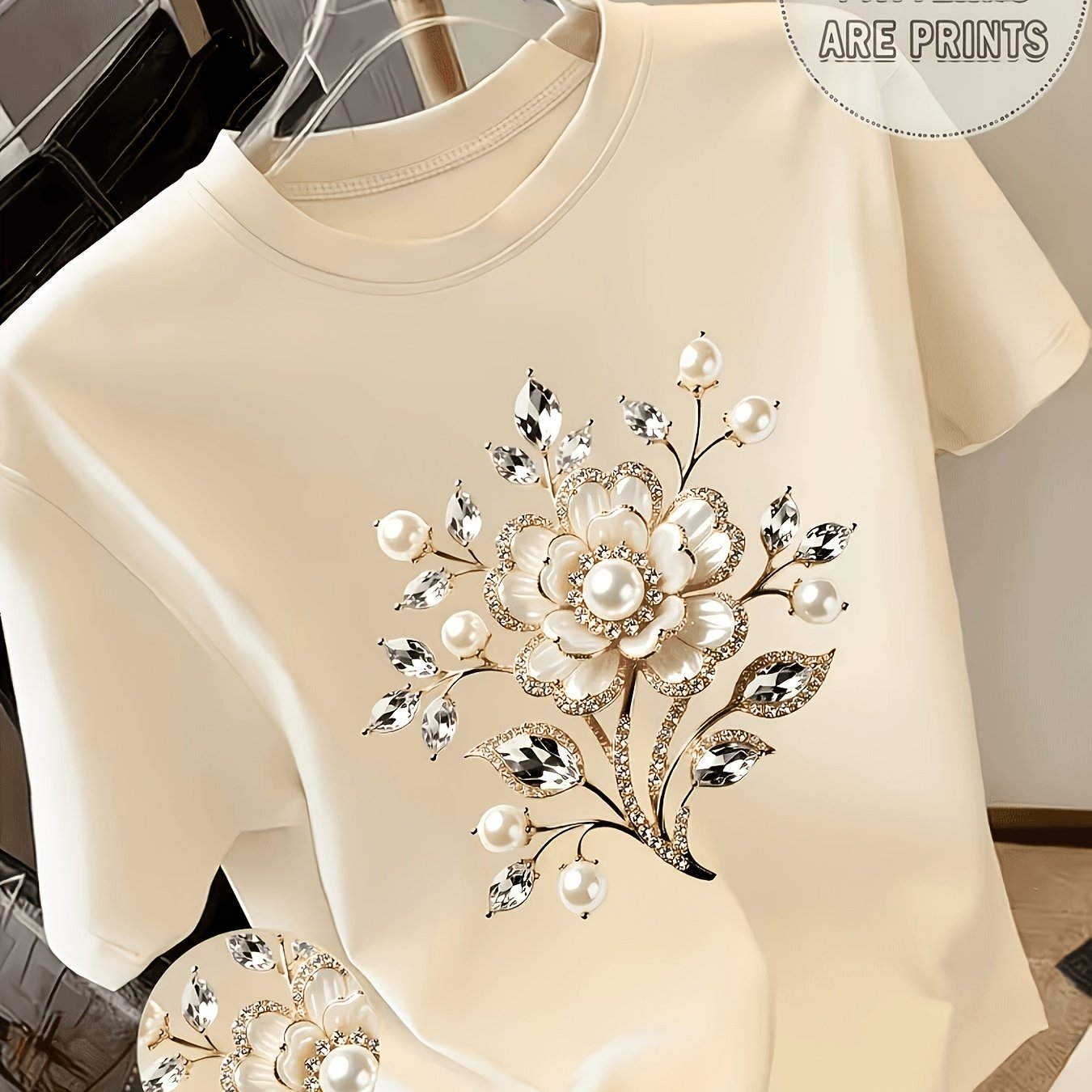 TEMU Ladies' Casual T-shirt With Floral Print - Y2k Style, Elegant, Perfect For Gifts, Casual Round-neck Top - Breathable, Lightweight, And