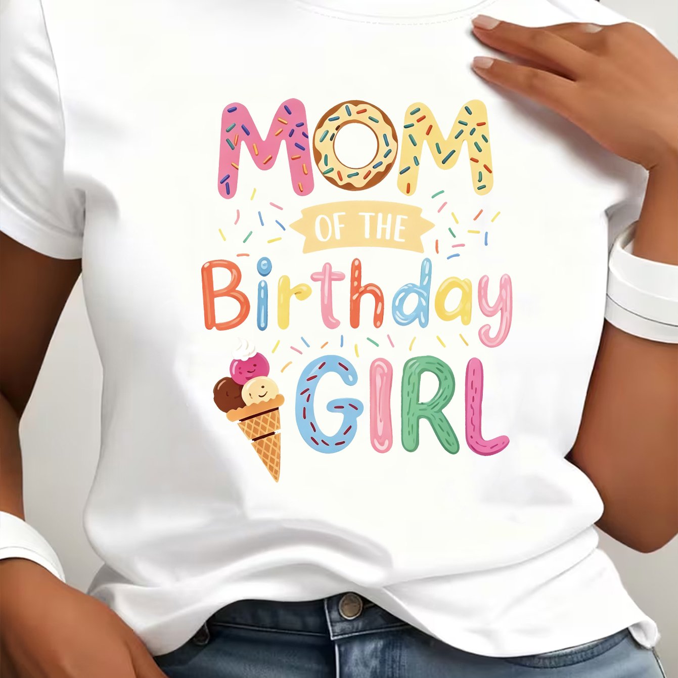 TEMU Mom Of The Birthday (mother Of The Birthday ) English Pattern Printed Round Neck Women's Spring Summer Short Sleeve T-shirt, Loose Casual Tee,