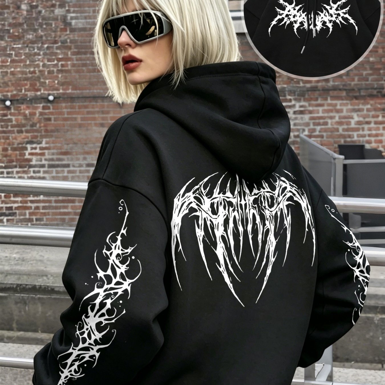 TEMU Ins Dark Death Metal Spike Letter Print Hooded Sweatshirt! Oversize Loose And Unisex Style, Full Of Trendy Brand Feel, Versatile Casual Top For