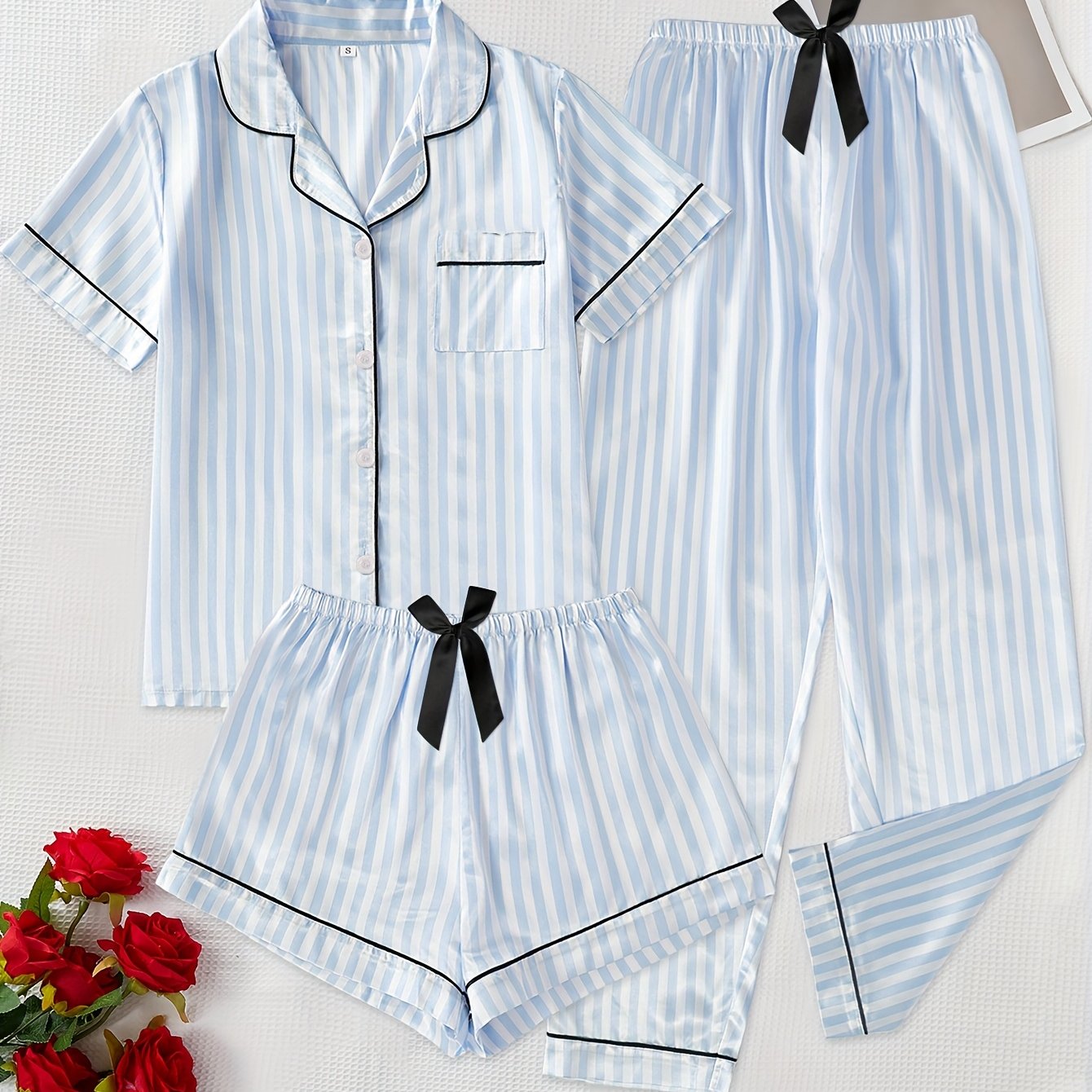 TEMU Elegant Women's Short-sleeve Pajamas Set With Shorts And Long Pants, Featuring A Collared Striped Print And , Includes 3 Pieces For
