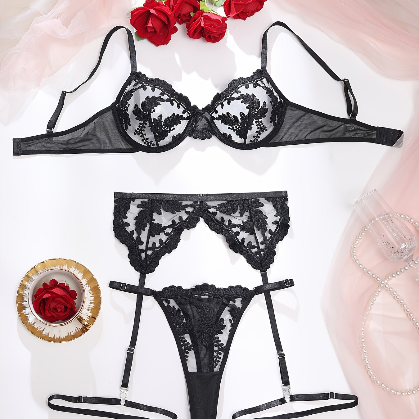 TEMU Ensemble de lingerie sexy en brodée pour femmes, 5 pièces