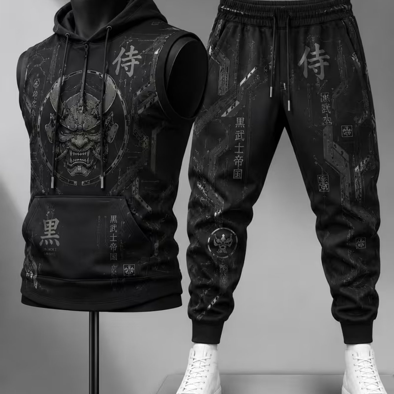 Image of Men' Cyber Digital Printed Sleeveless Hoodie & Jogger Pants 2pcs Set Casual Daily Streetwear Outfit-sleeveless Hoodie Jogger Pants Set Mens Gift Back To School Halloween Christmas