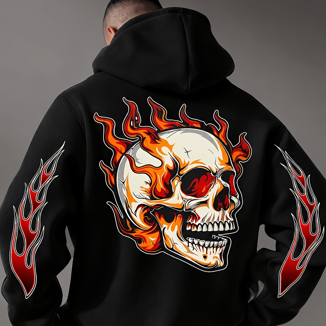 Image of Men's Hooded Sweatshirt With Flame Skull Creative Print, Perfect For Rocking Festivals, And Effortlessly Showcasing For Hardcore While Hanging Out At Motorcycle-themed Boutique Stores