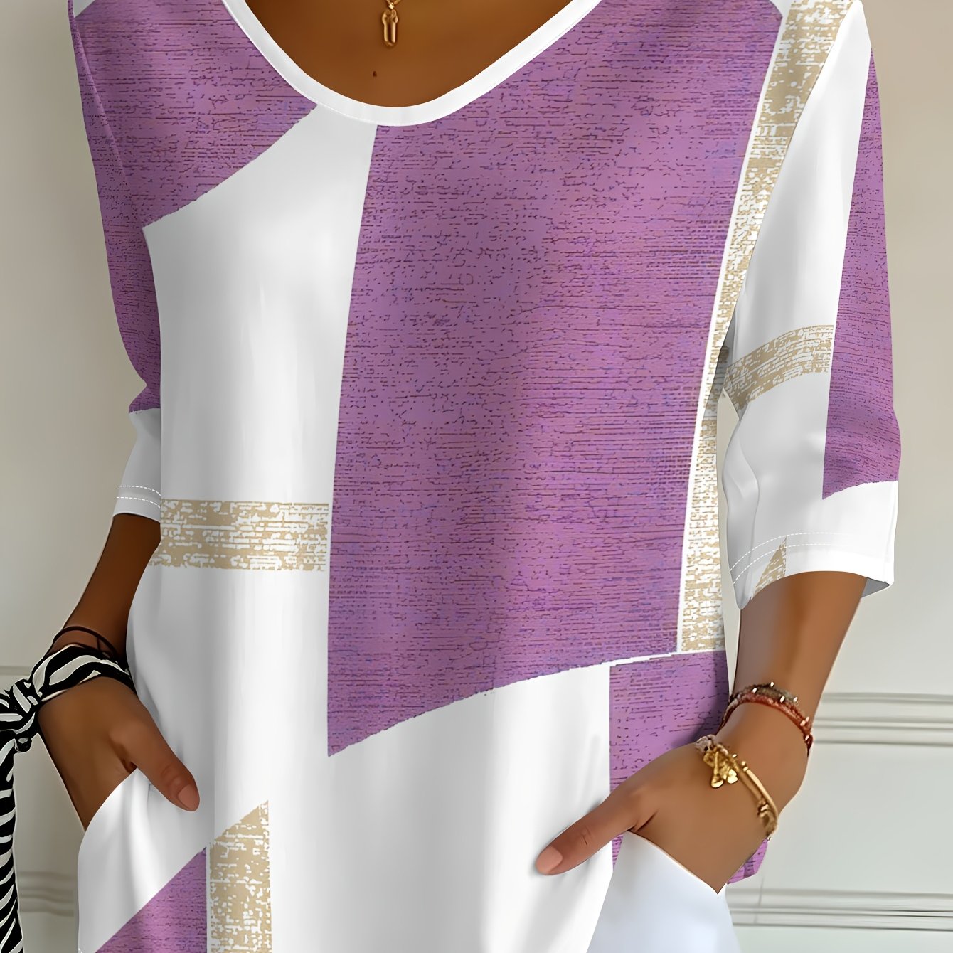 TEMU 2d Flat Print Women's New Geometric Abstract Print V-neck Three-quarter Sleeve T-shirt, Spring And Autumn Casual Top