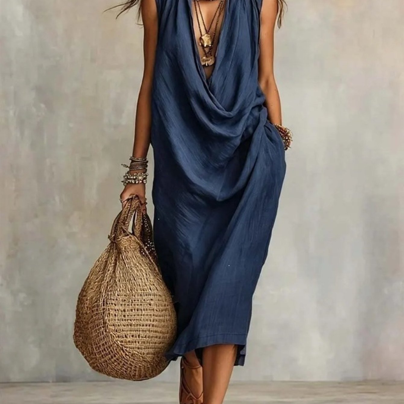 Women's Loose Draped Neck Color Block Maxi Dress, Sleeveless Oversized Street Style Swing Dress