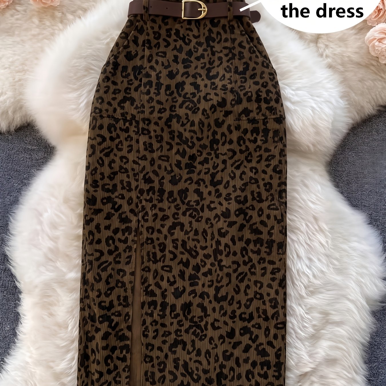 TEMU Women's Leopard Print Corduroy Front-slit Skirt [belt Not Included]