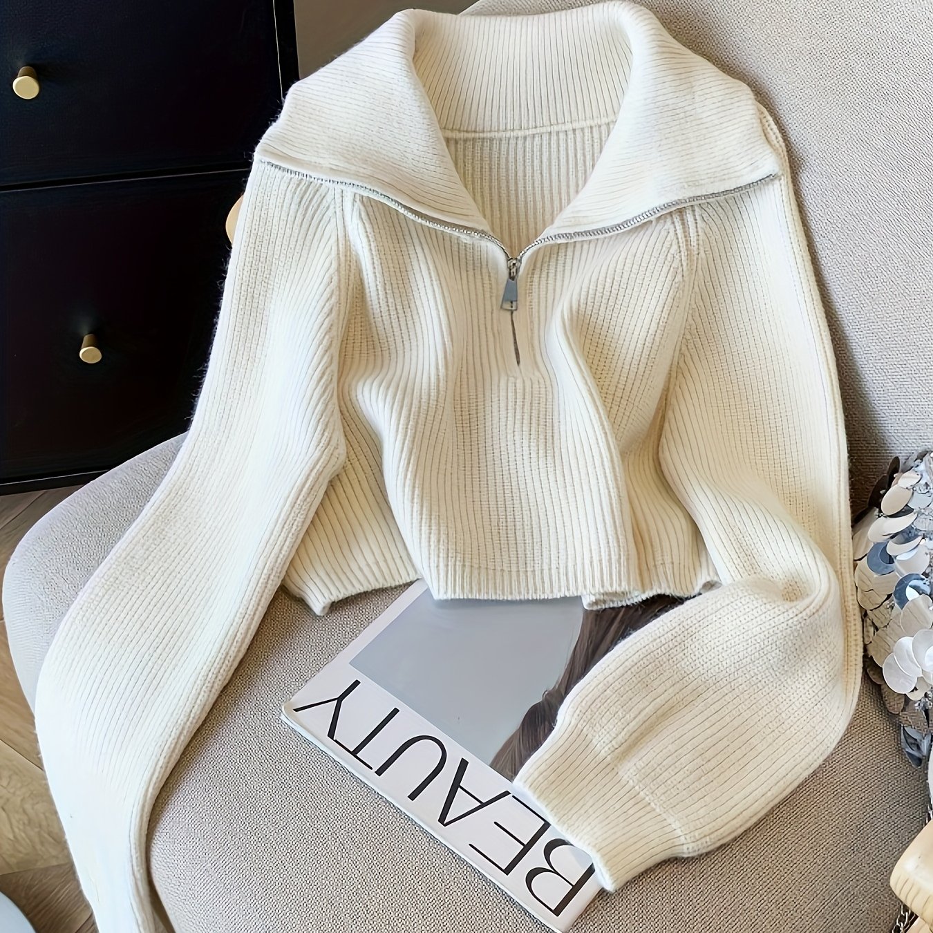 TEMU High-waist Short Half-zip Pullover Solid Color Lapel Long Sleeve Sweater Women's New Lazy Style Short Sweater Top, Pullover Zipper Short Thick