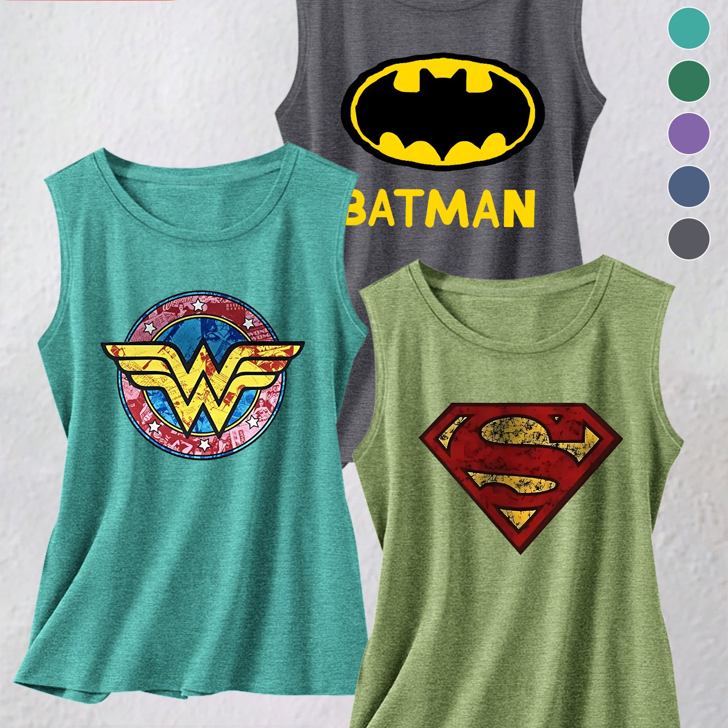 TEMU 3pcs Set Cute Vest, Batman Retro Distressed Superman Size S, Multicolor Comic Wonder Woman Combination Print, Elastic Round Neck Loose Easy Top,