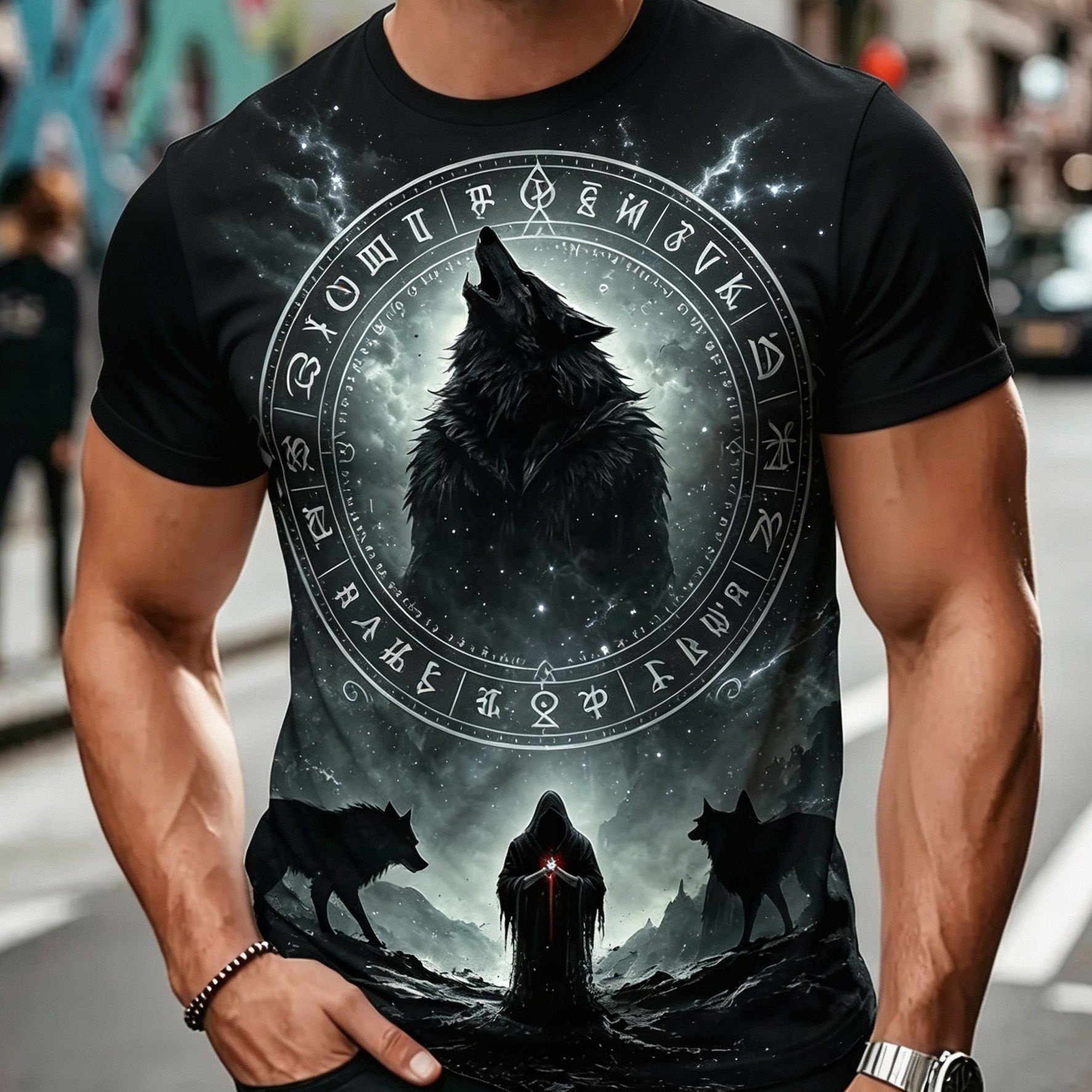 TEMU Men's Viking Wolf & Viking Symbol T-shirt - Plus Size Short Sleeve Crew Neck Casual Summer Top With Full-body Viking Print, Loose Fit Suitable