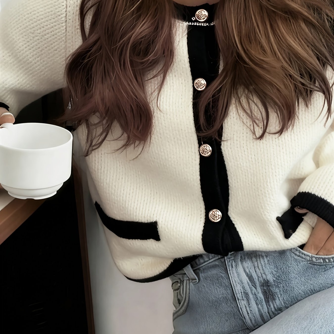 TEMU Cardigan pull décontracté pour femme à manches longues, col ras du cou, avec poches, boutonnage sur le devant et color-block, pour et