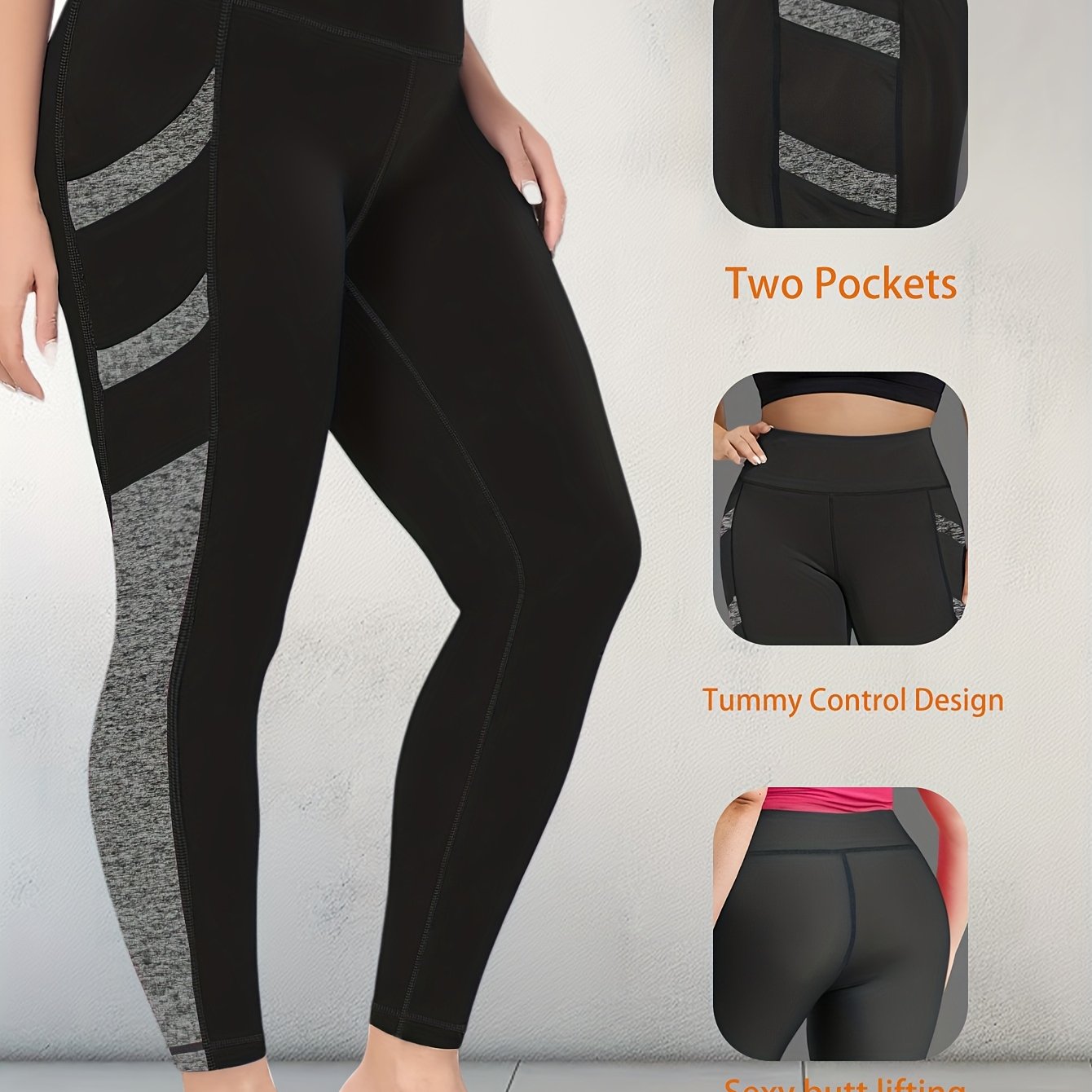 Image of Plus Size Women's High-waisted Yoga Pants Tummy Control Workout Leggings With 4 Side Pockets Color-blocking Design,for Running, Fitness Casual & Sports Wear