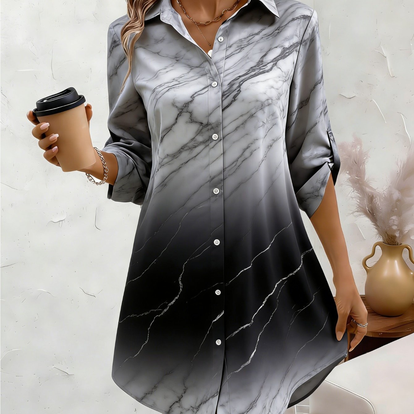 A Long-sleeved Shirt Dress For Women Featuring A Gray-black Marble Gradient - Luxurious Texture, Relaxed Fit That The Figure, And A Mid-length Design Suitable For Spring And Autumn Office Wear