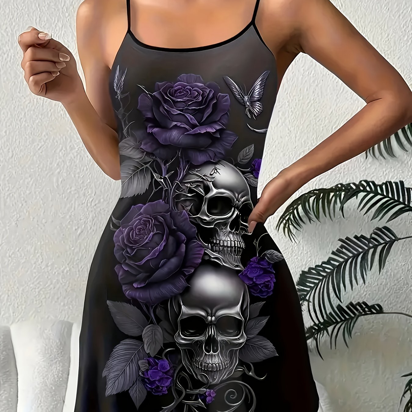 Image of Women's Skull And Rose Print Gothic Ruffle Trim Pajama Dress, Round Neck Backless Camisole Dress, Comfortable Halloween Sleepwear