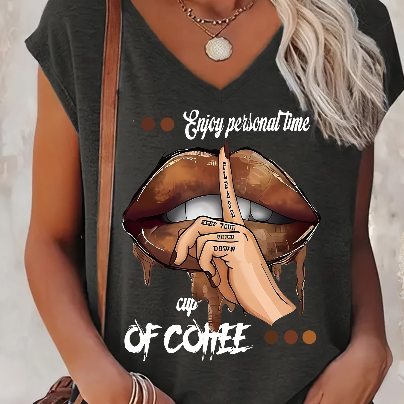 TEMU With Slogan And Lips Print Enjoy Personal Keep Make A Cup Of Coffee Printed V-neck Casual And Versatile Vest With Wide Shoulder Straps, Holiday