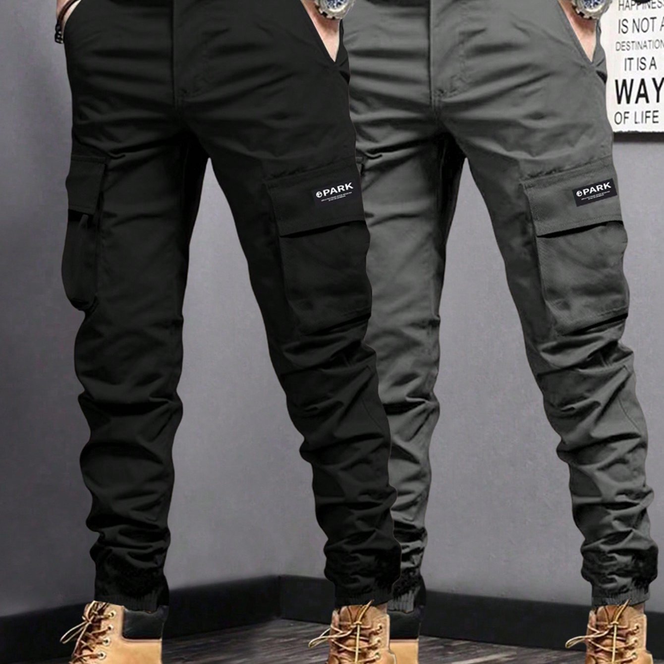 Image of 2pcs Boy Casual Outdoor Sports Cargo Pants With Pocket, Easy Solid Color Casual Trousers Suitable For , For Outdoor