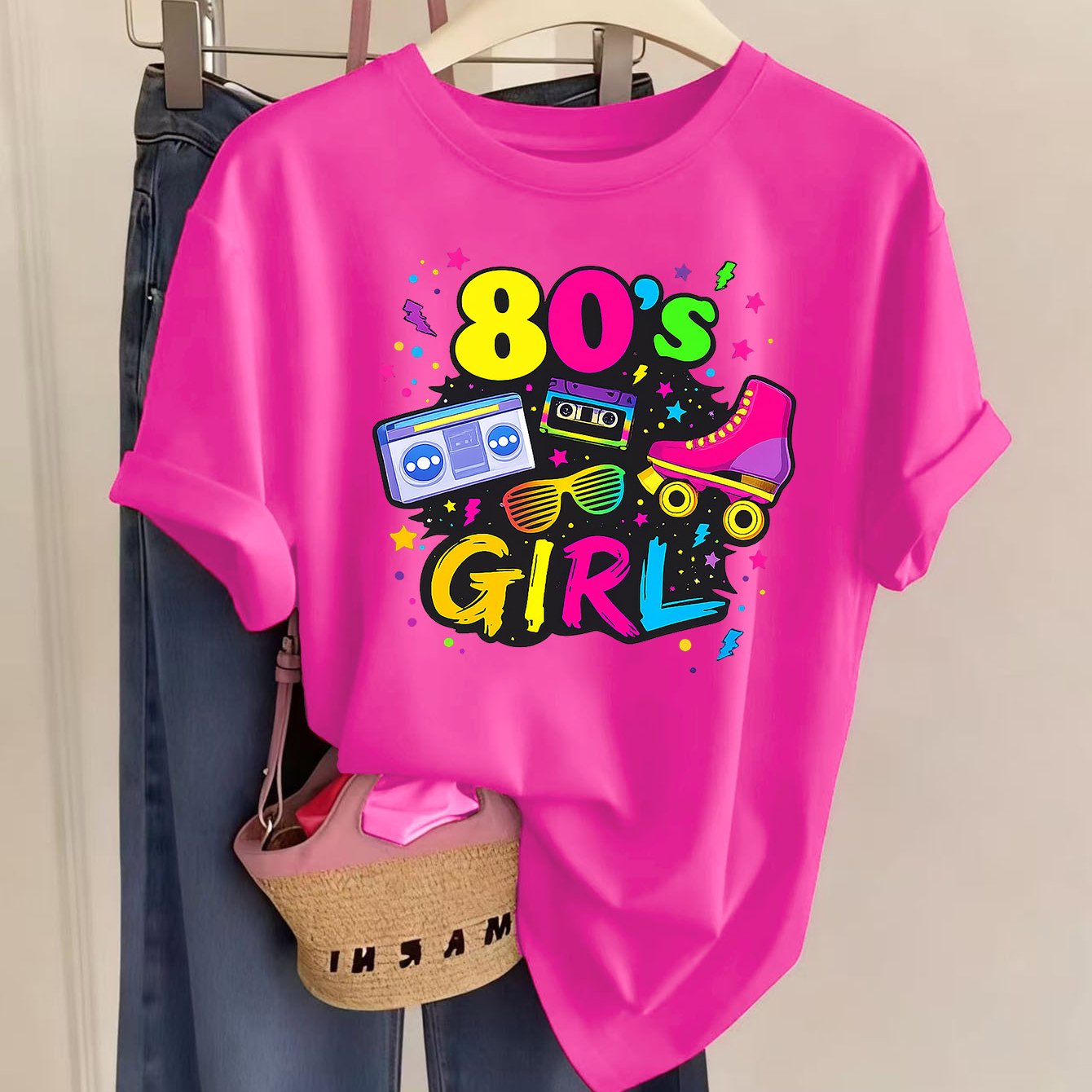 TEMU T-shirt 1 pièce pour femme à manches courtes et col rond avec imprimé 80'sGirl.retro.roller-skates, décontracté et confortable. Convient pour un