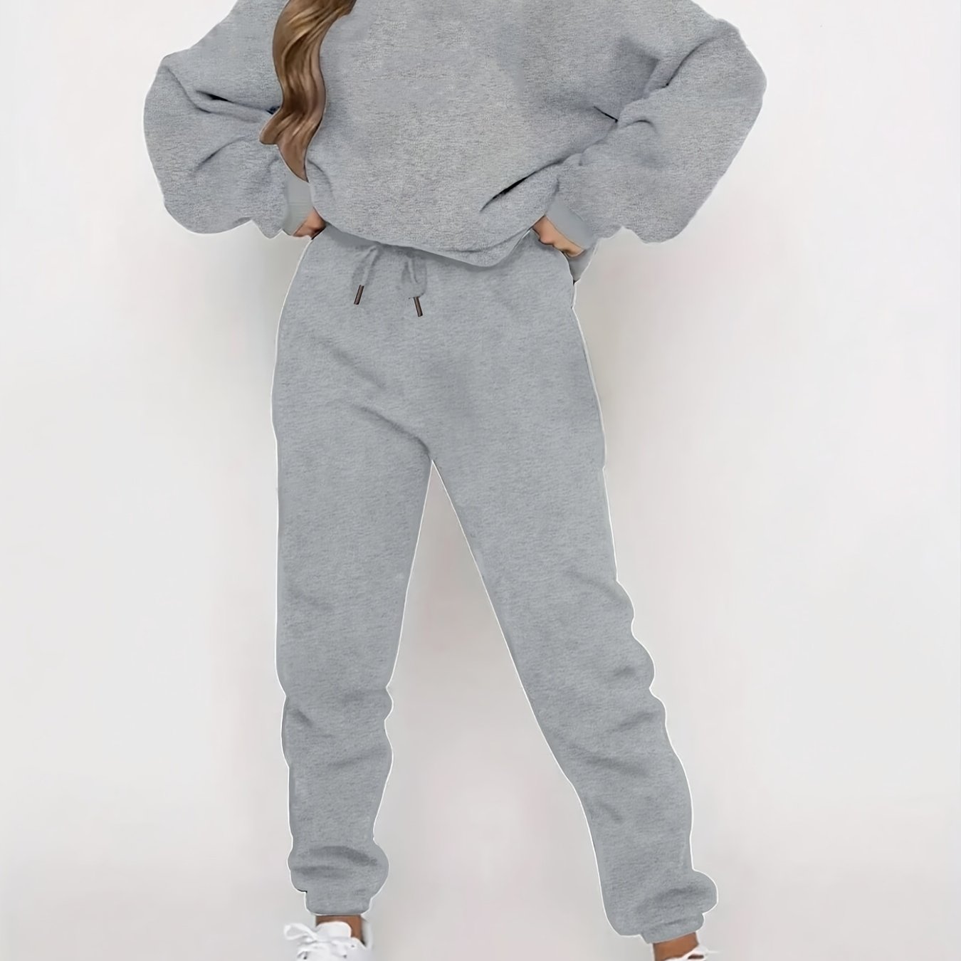 TEMU 1 Set Of Solid Color Round Neck Sweatshirt And Drawstring Pocketed Sweatpants Outfit With Long Sleeves