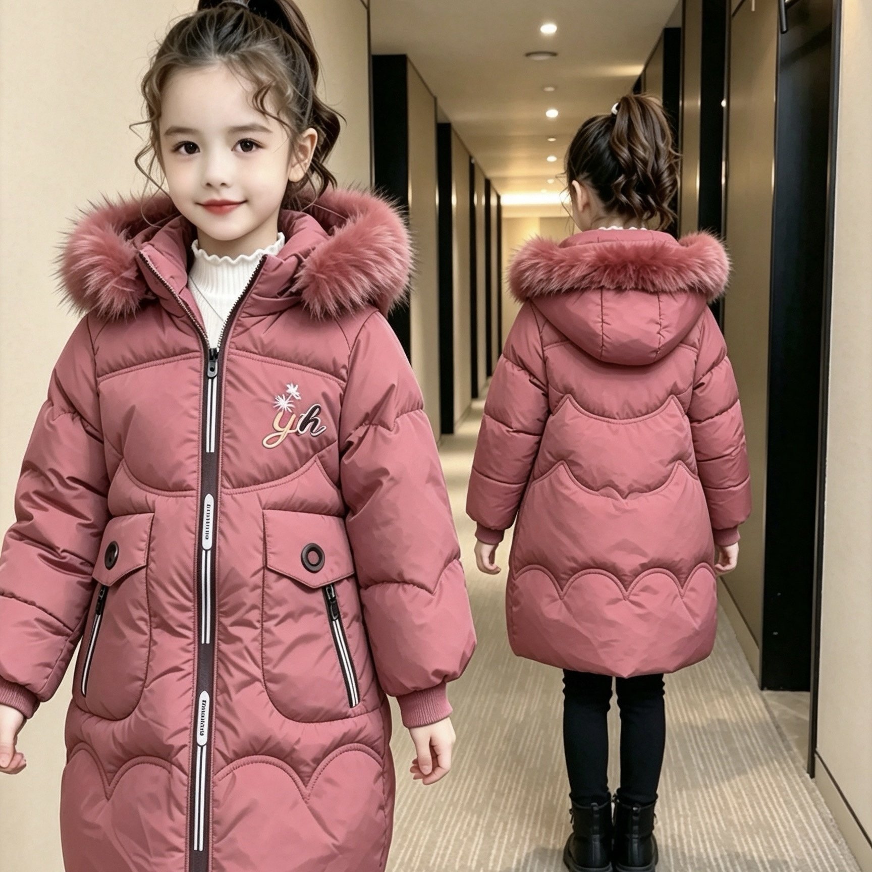 TEMU Pull à capuche mi-long chaud pour fille, broderie florale de lettres, poches, épaissi pour l'hiver d'âge moyen et plus âgés, vêtement -froid,