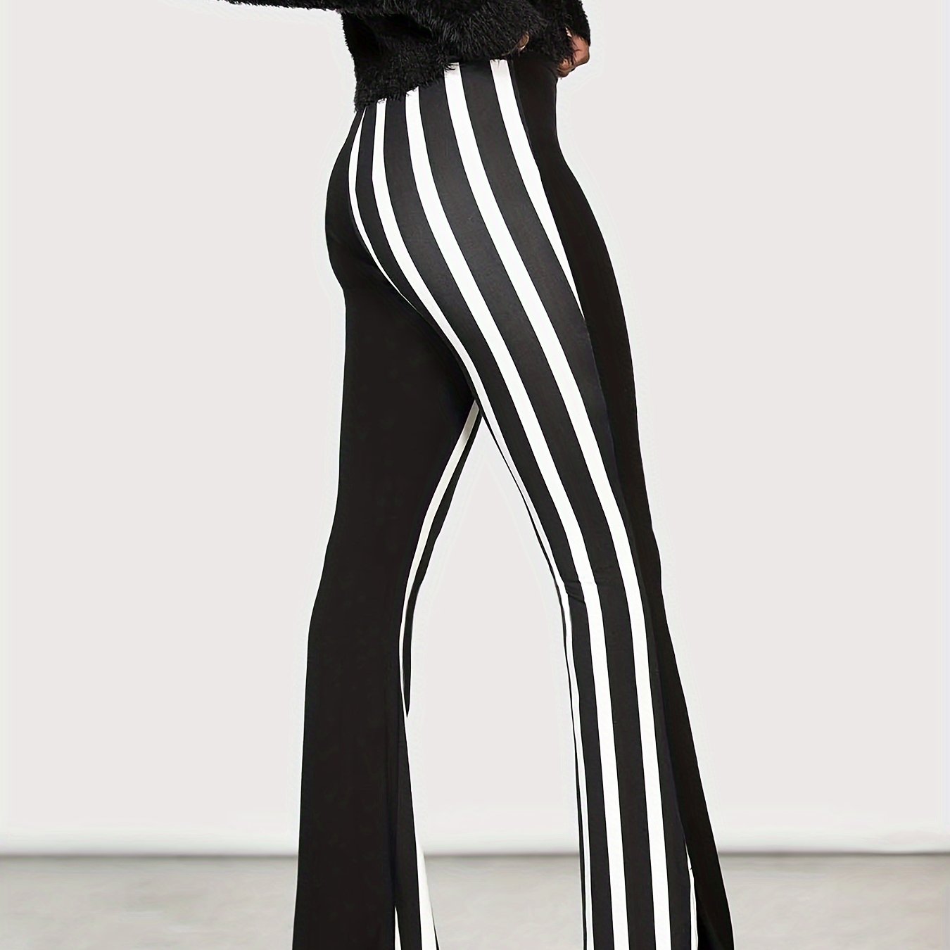 Black And White Striped Printed Flared Pants, Sexy Tight Long Trousers, Casual Trousers